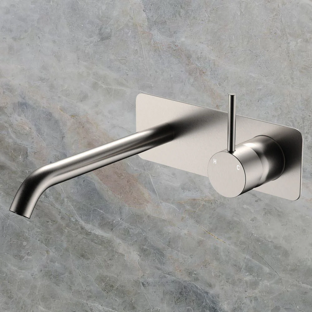 Fienza Kaya Up Basin Wall Mixer Set Rectangular Plate 200mm Outlet Brushed Nickel Lead Free - Image 2