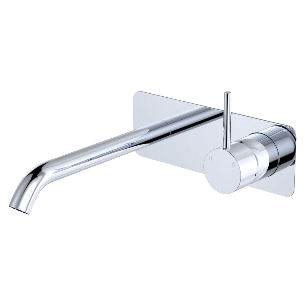 Fienza Kaya Up Basin Wall Mixer Set Rectangular Plate 200mm Outlet Chrome Lead Free