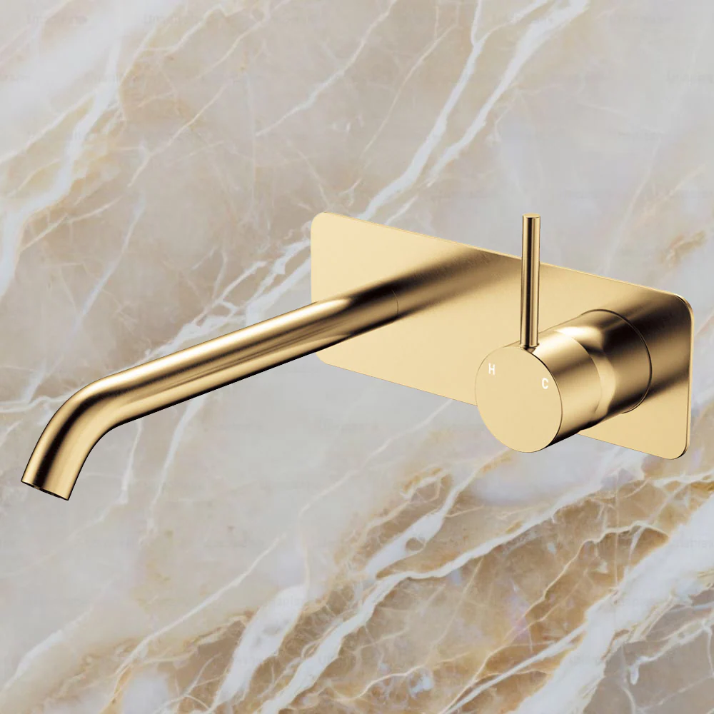 Fienza Kaya Up Basin Wall Mixer Set Rectangular Plate 200mm Outlet Urban Brass - Image 2
