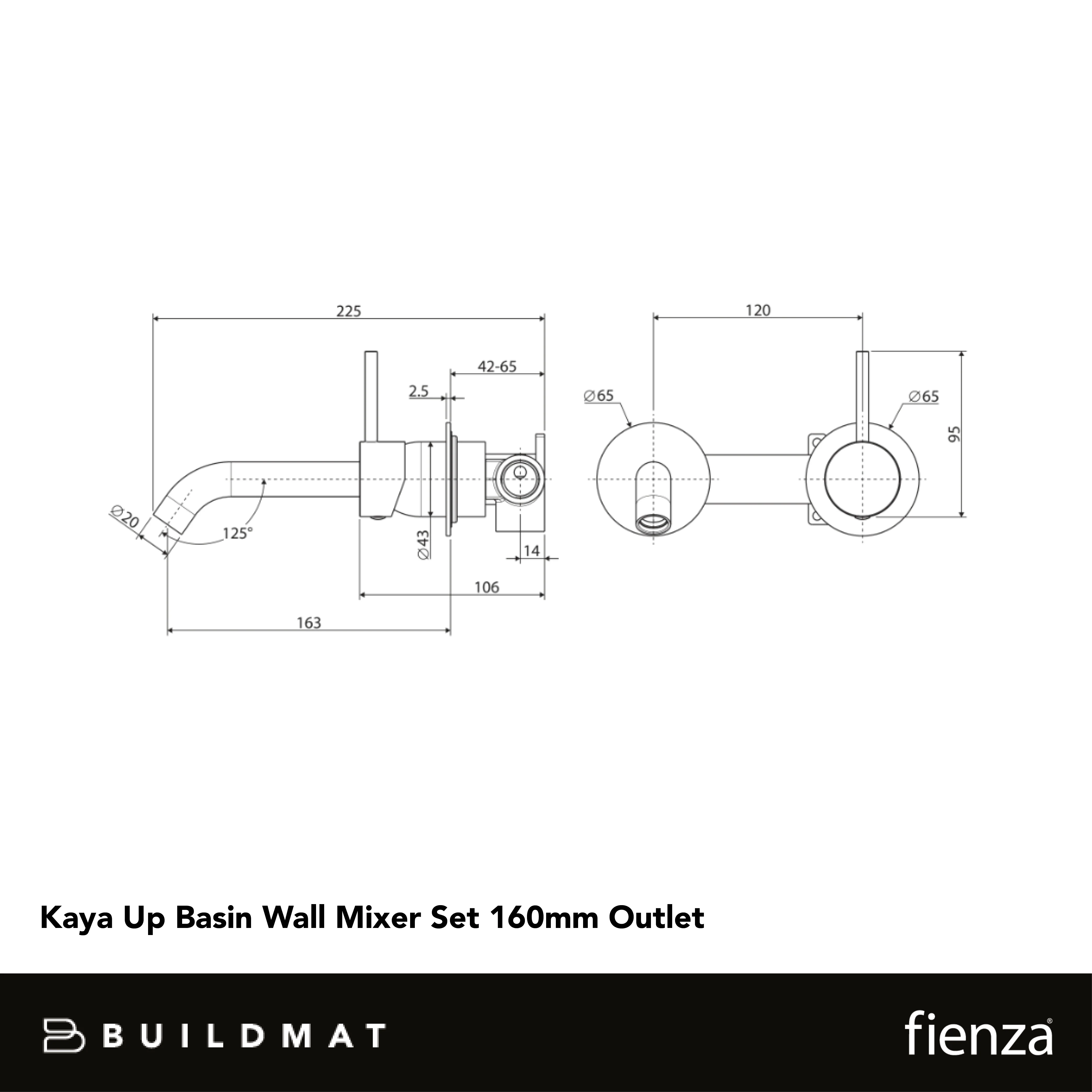 Fienza Kaya Up Basin Wall Mixer Set Round Plates 160mm Outlet Gunmetal - Image 4