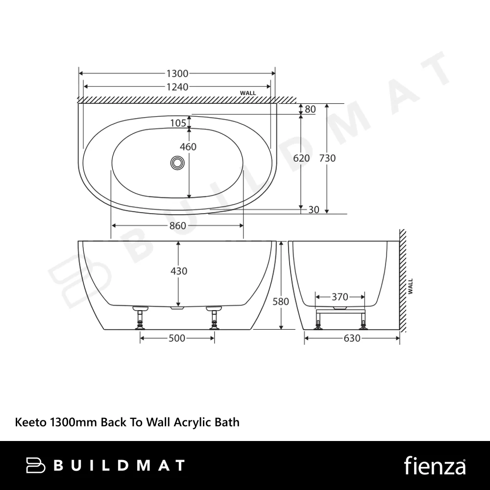 Fienza Keeto 1300mm Back To Wall Acrylic Bath Gloss White - Image 4