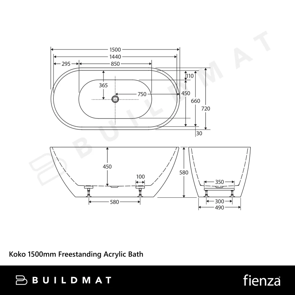 Fienza Koko 1500mm Freestanding Acrylic Bath Matte White - Image 4
