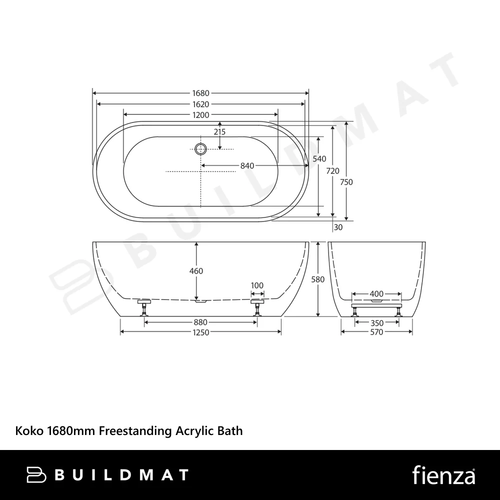 Fienza Koko 1680mm Freestanding Acrylic Bath Matte White - Image 4
