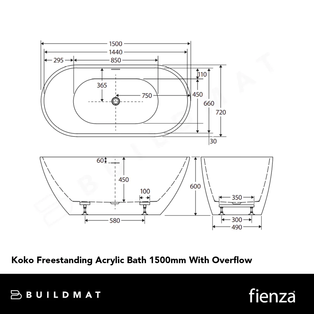 Fienza Koko Freestanding Acrylic Bath 1500mm Overflow Matte White - Image 4