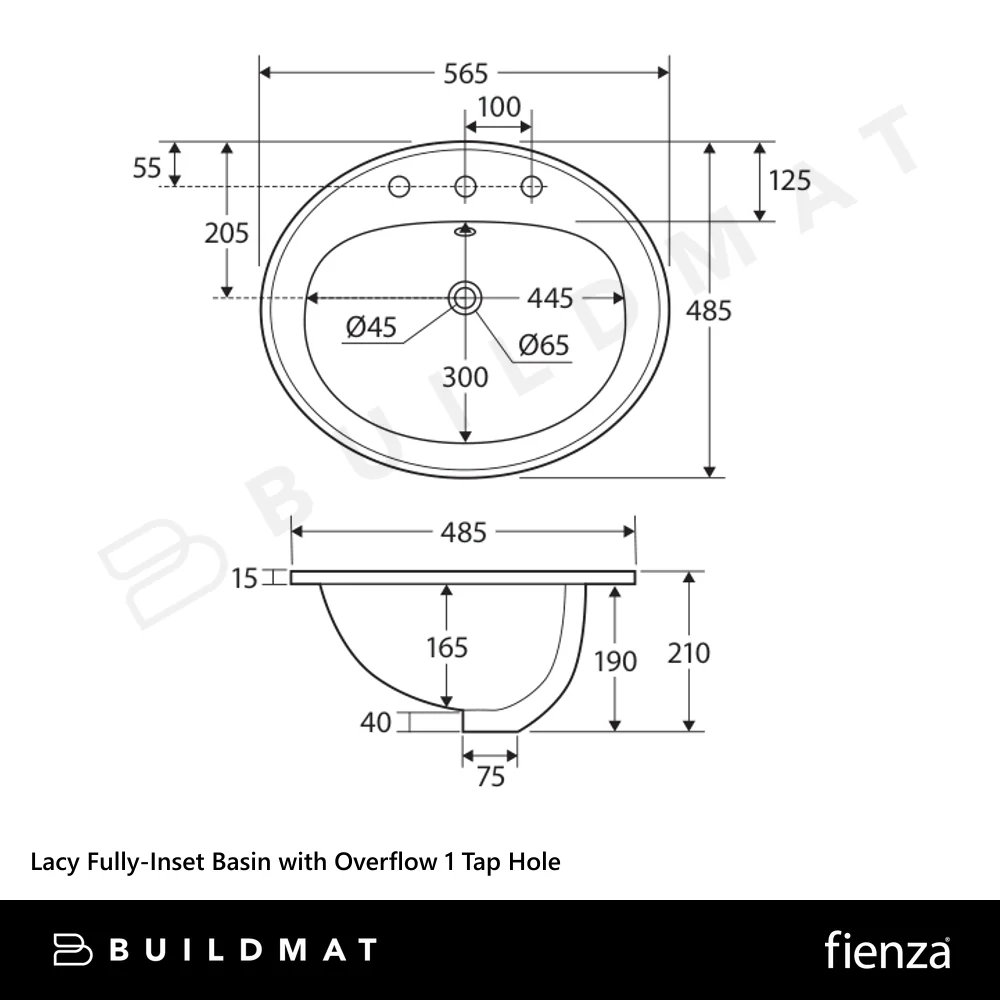 Fienza Lacy Fully-Inset Basin with Overflow 1 Tap Hole Gloss White - Image 4