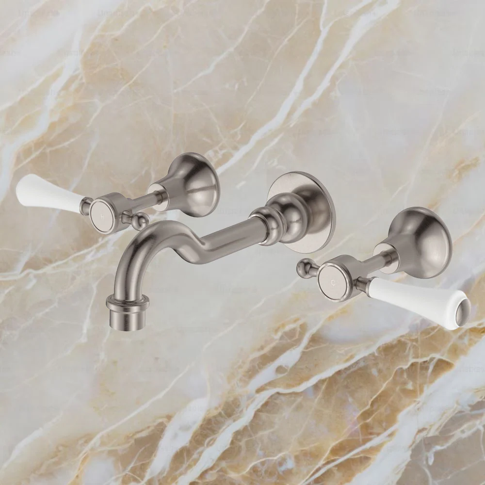 Fienza Lillian Lever Basin/Bath Wall Set Brushed Nickel with Ceramic White Handle Lead Free - Image 2