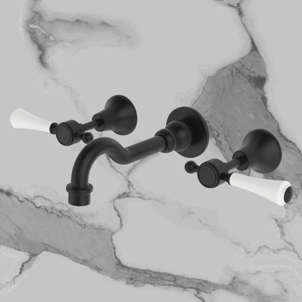 Fienza Lillian Lever Basin/Bath Wall Set Matte Black with Ceramic White Handle - Image 2