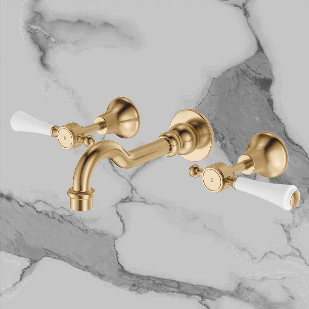 Fienza Lillian Lever Basin/Bath Wall Set Urban Brass with Ceramic White Handle Lead Free - Image 2