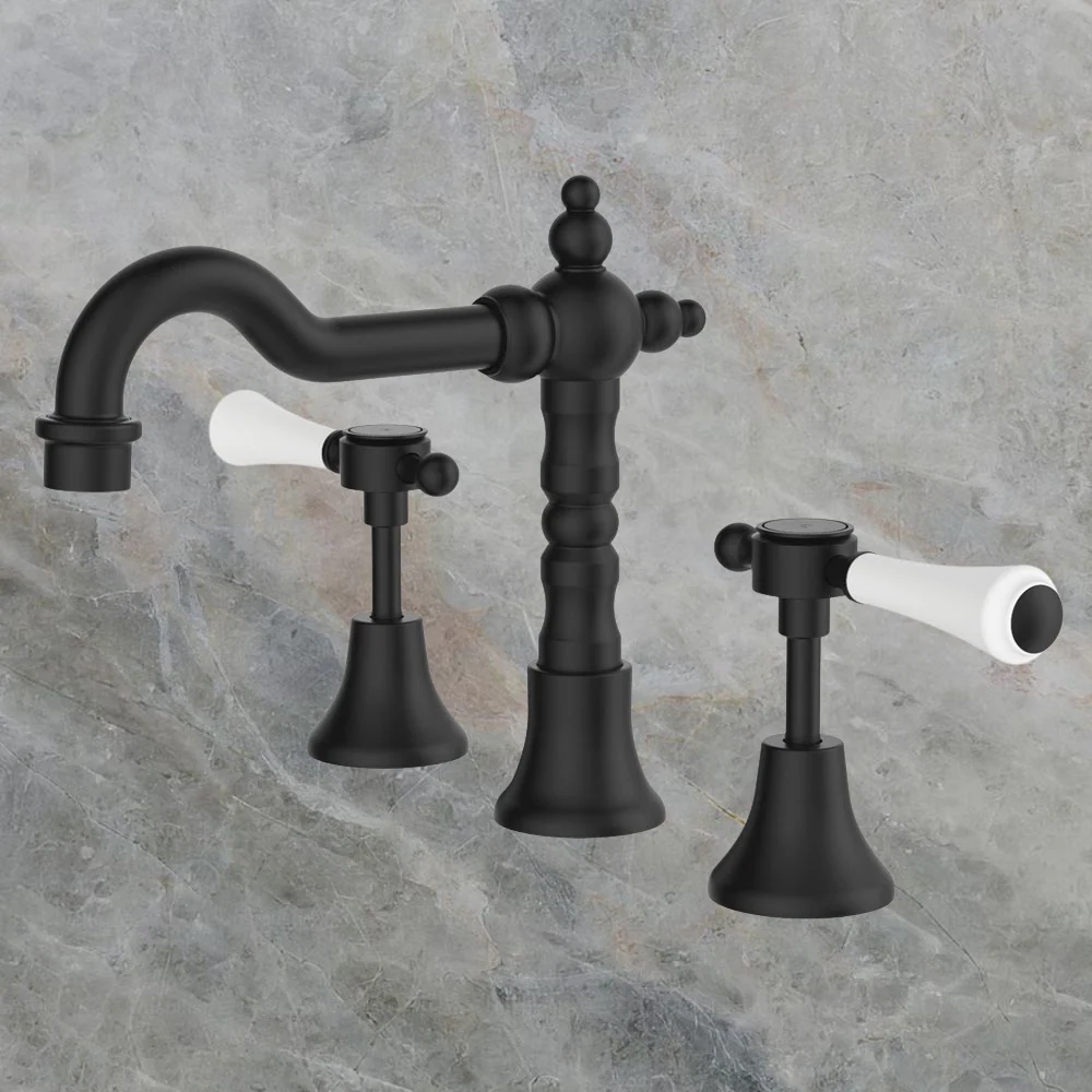 Fienza Lillian Lever Basin Set Matte Black with Ceramic White Handle - Image 2