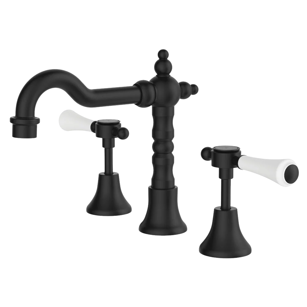 Fienza Lillian Lever Basin Set Matte Black with Ceramic White Handle - Image 3