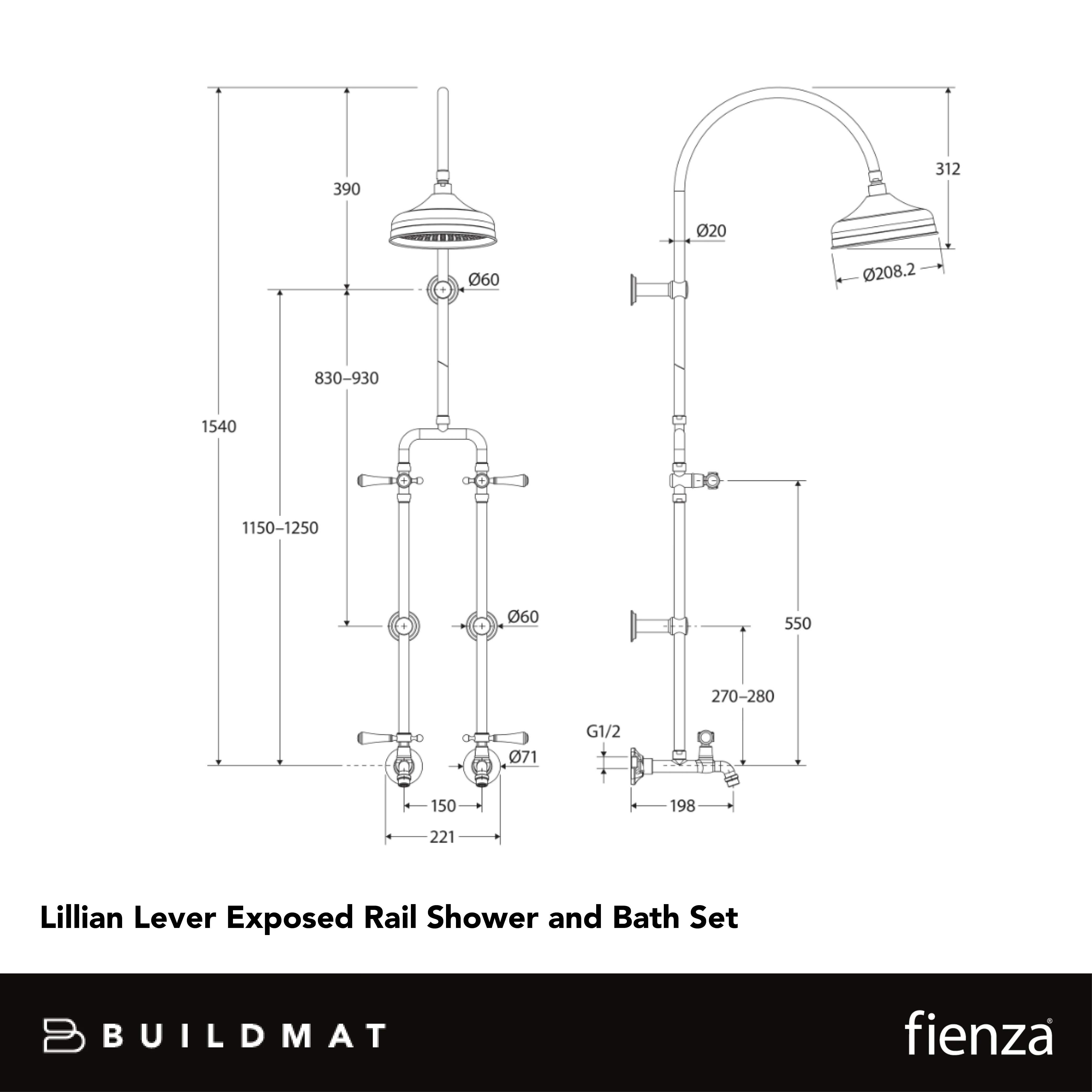 Fienza Lillian Lever Exposed Rail Shower And Bath Set Matte Black - Image 4