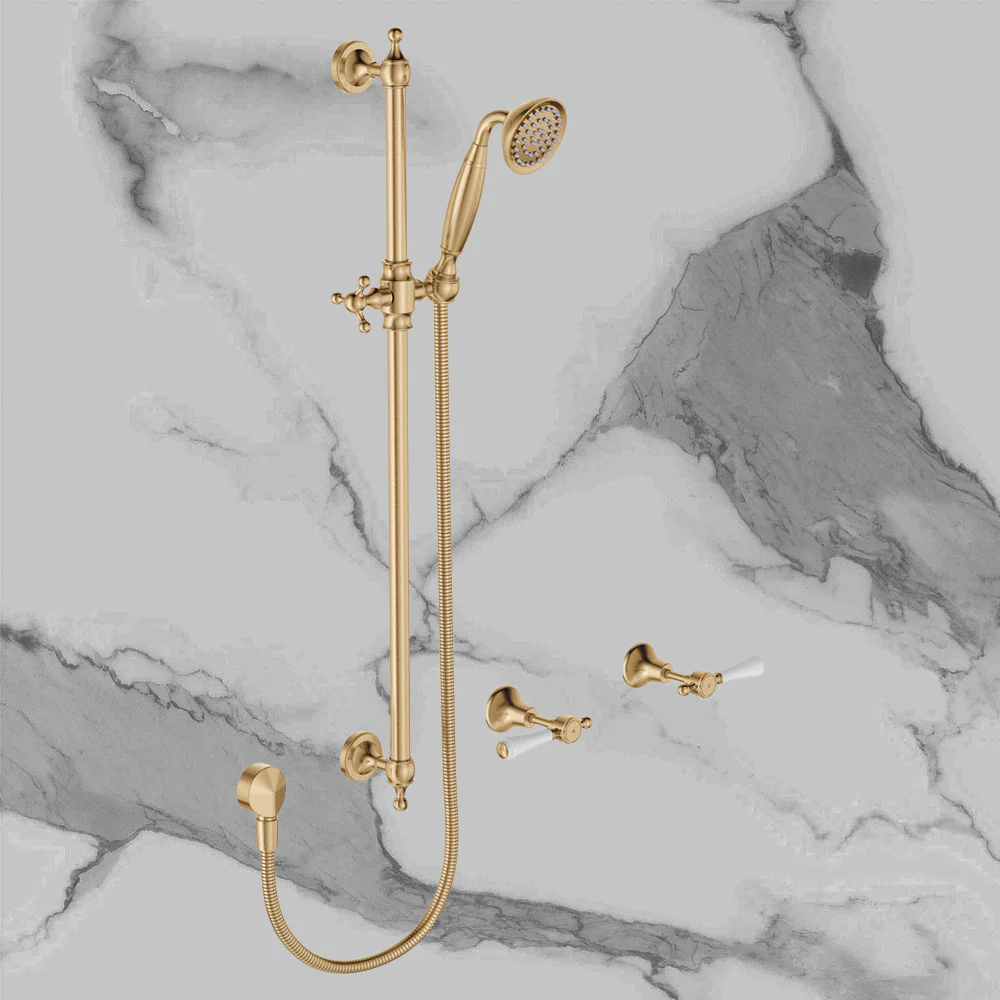 Fienza Lillian Lever Rail Shower Set Urban Brass with Ceramic White Handle - Image 2