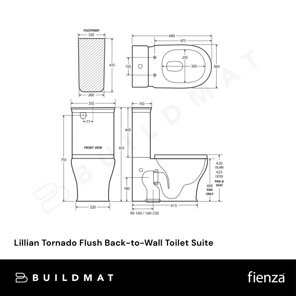 Fienza Lillian Tornado Flush Back-to-Wall Toilet Suite S-Trap 90-160 Gloss White with Black Seat - Image 7