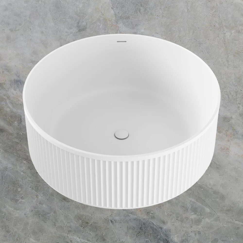 Fienza Minka 1500mm Round Fluted Solid Surface Freestanding Bath with Overflow Matte White - Image 2