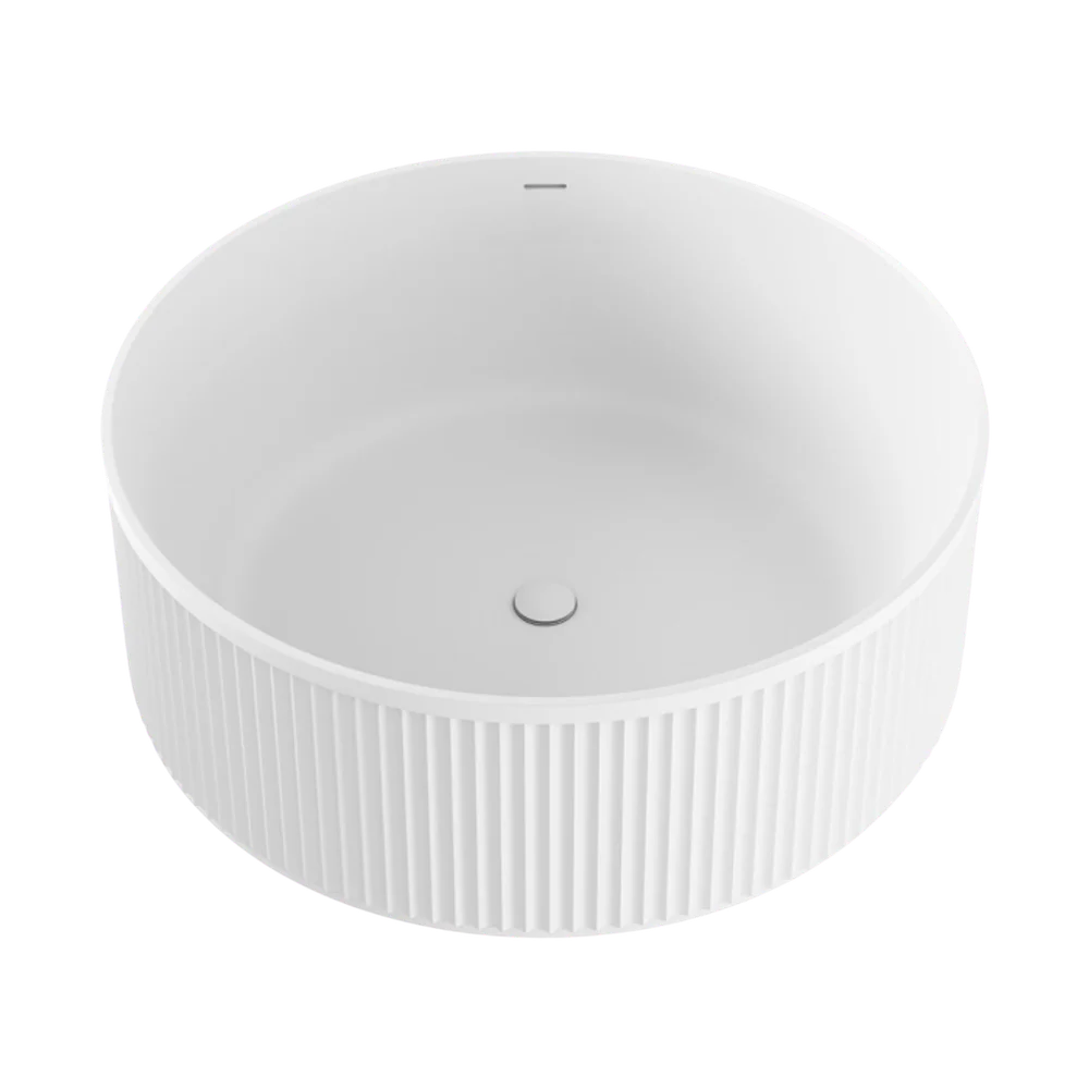 Fienza Minka 1500mm Round Fluted Solid Surface Freestanding Bath with Overflow Matte White - Image 3