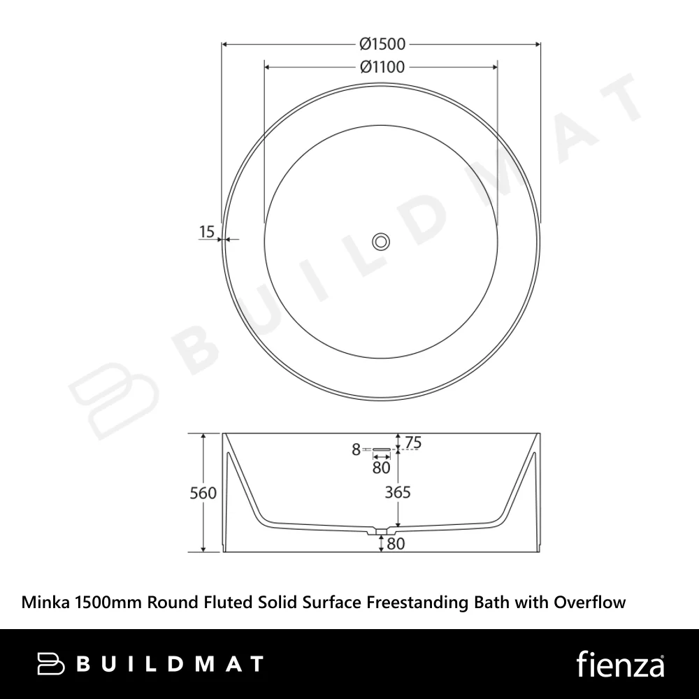 Fienza Minka 1500mm Round Fluted Solid Surface Freestanding Bath with Overflow Matte White - Image 4