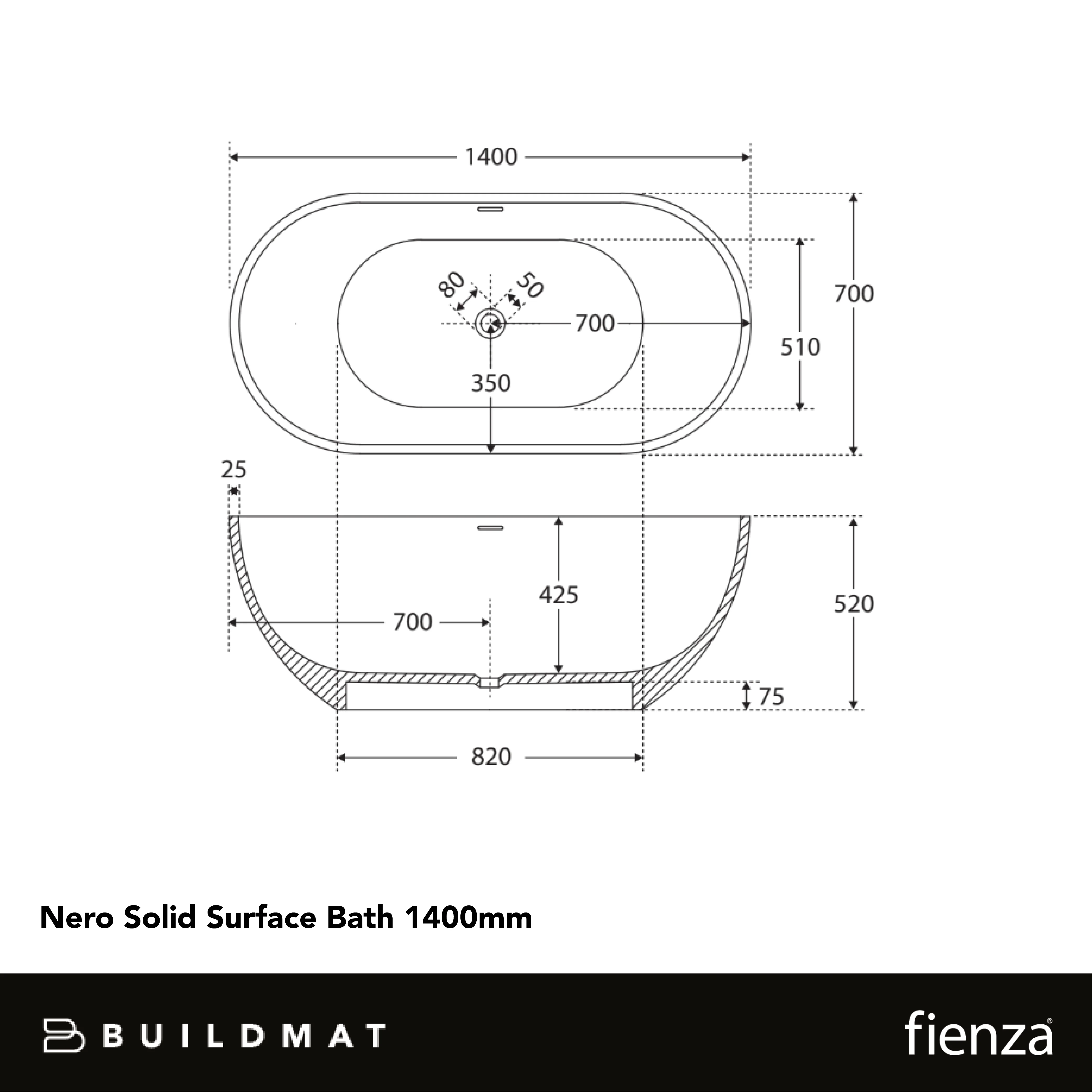 Fienza Nero Solid Surface Bath 1400mm with Overflow Matte White - Image 4