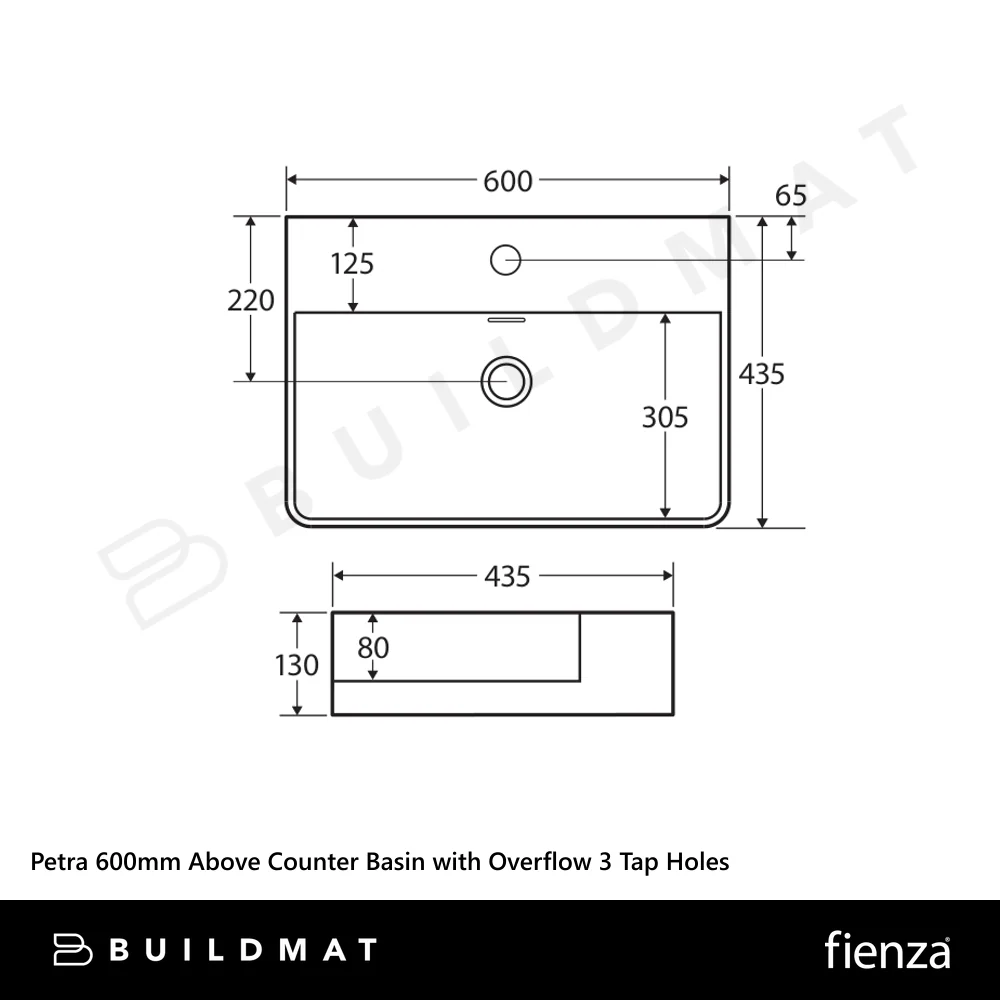 Fienza Petra 600mm Above Counter Basin with Overflow 3 Tap Holes Gloss White - Image 4