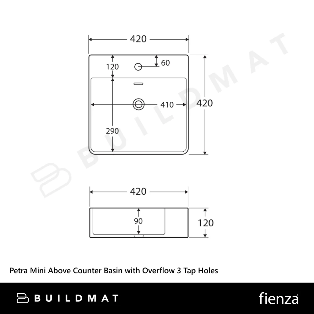 Fienza Petra Mini Above Counter Basin with Overflow 3 Tap Holes Gloss White - Image 4