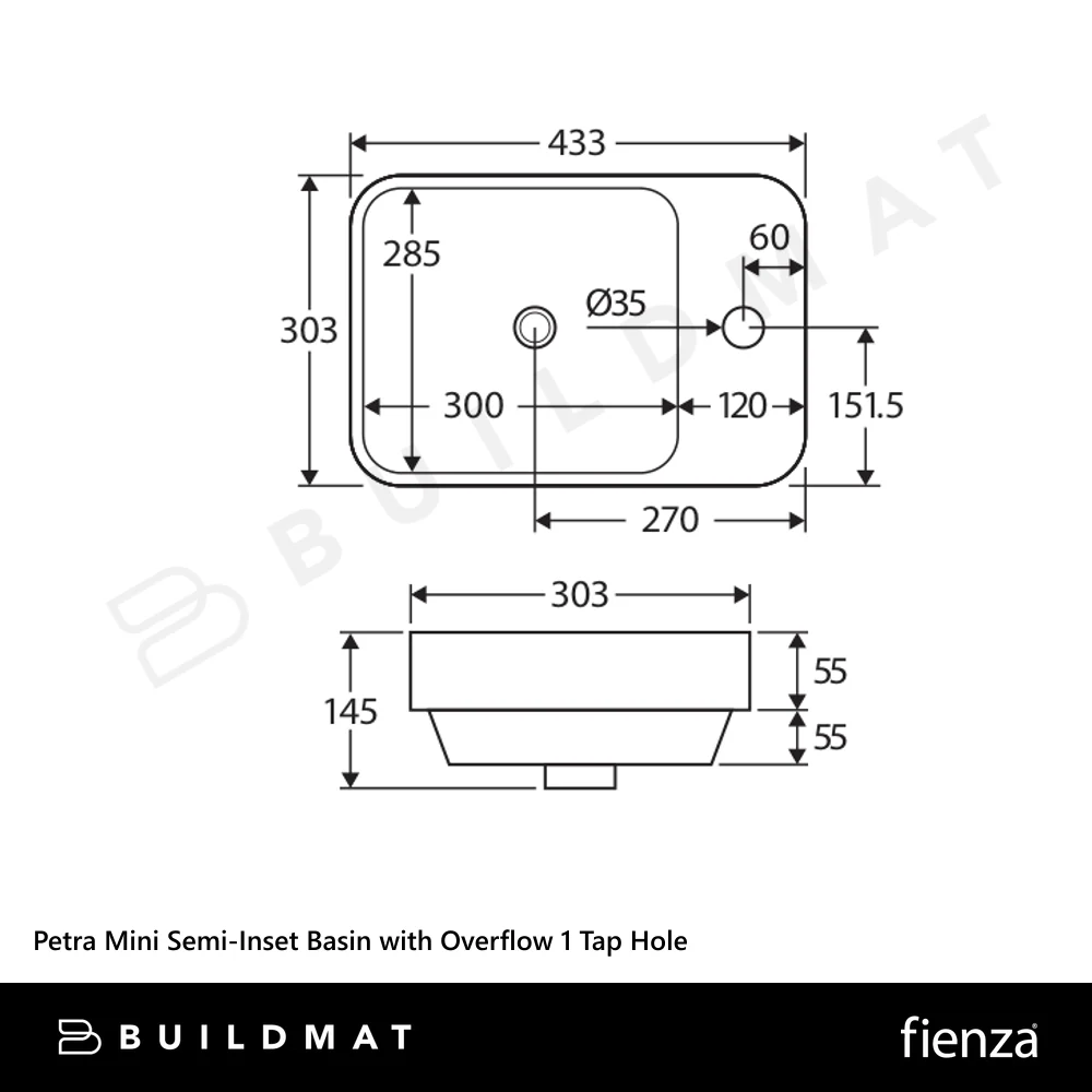 Fienza Petra Mini Semi-Inset Basin with Overflow 1 Tap Hole Gloss White - Image 4
