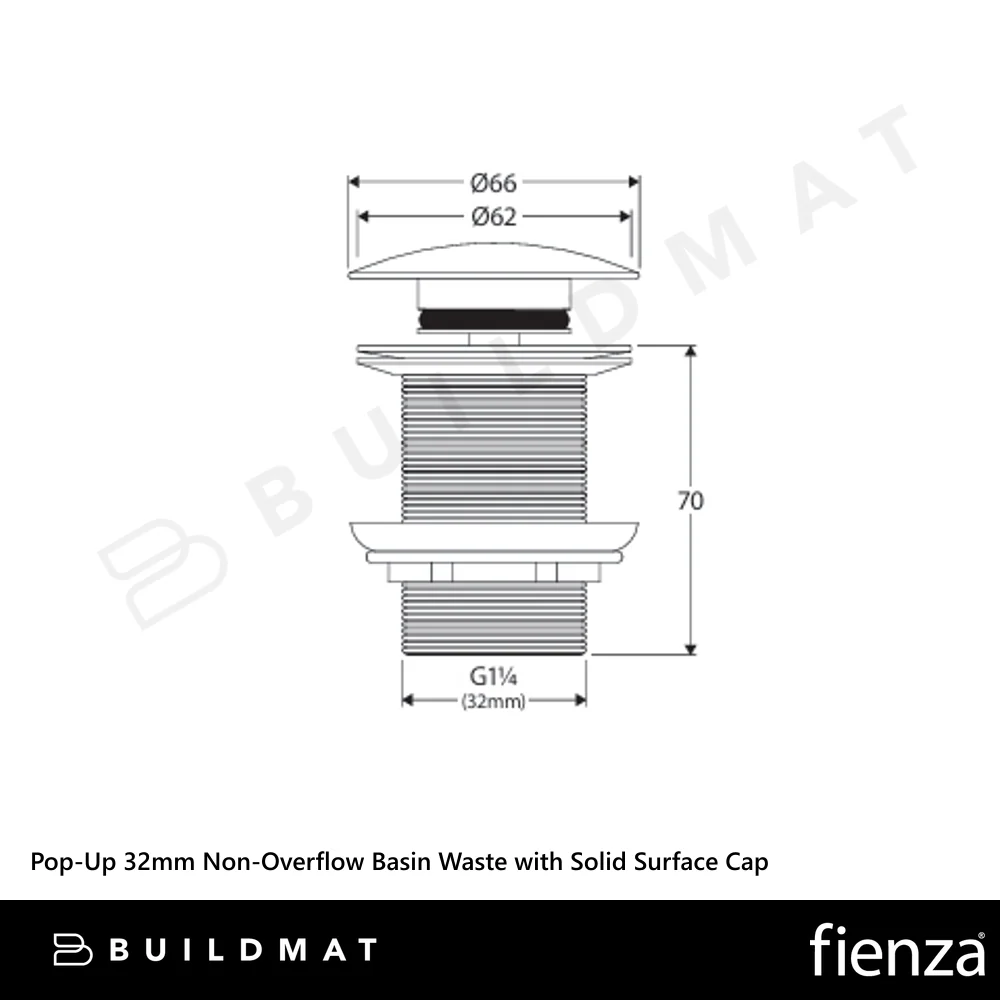 Fienza Pop Up 32mm Non Overflow Basin Waste With Solid Surface Cap Matte White - Image 4