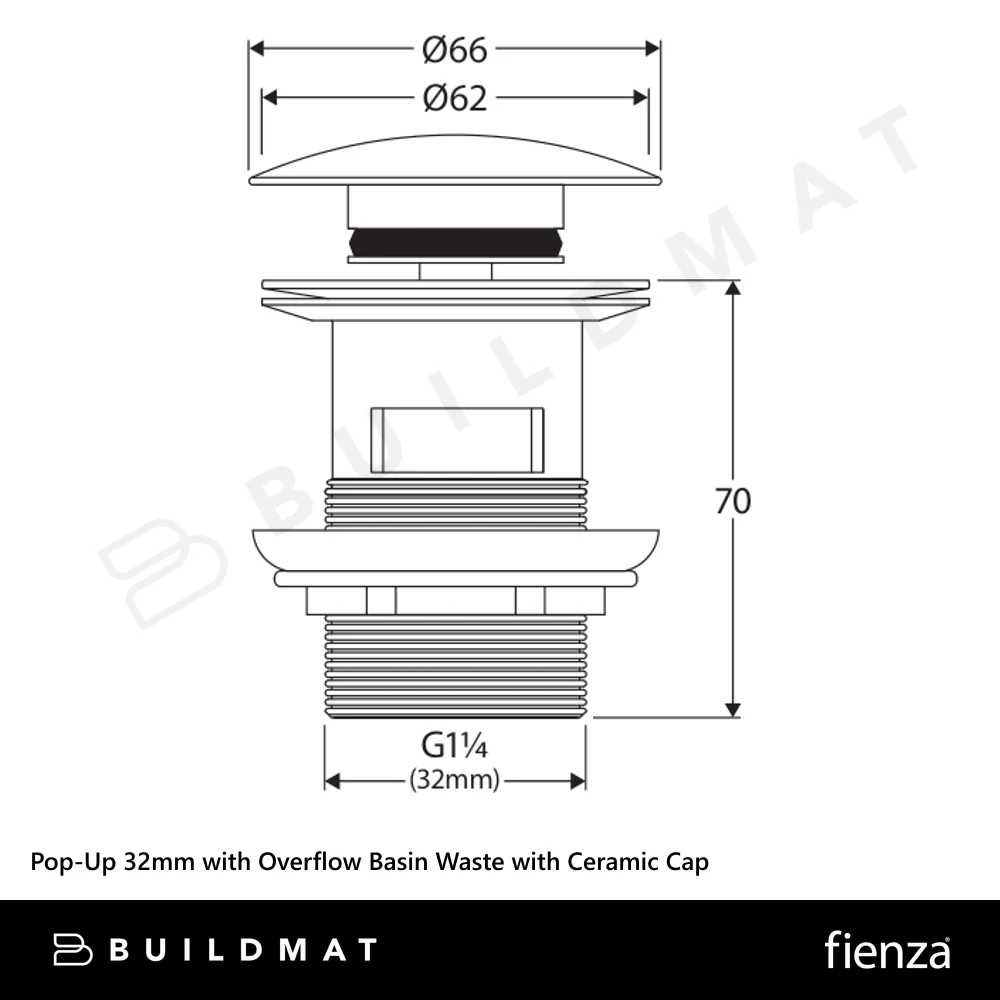 Fienza Pop-Up 32mm with Overflow Basin Waste with Ceramic Cap Gloss White - Image 4