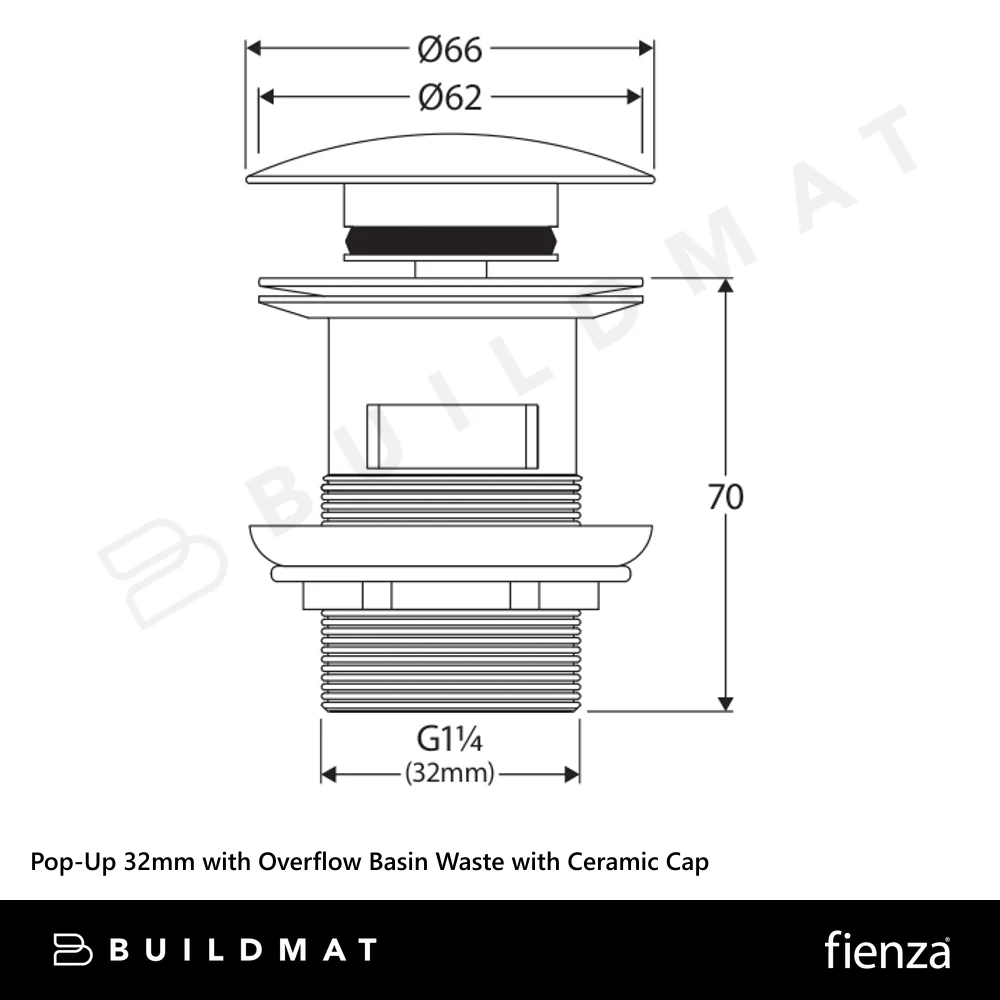 Fienza Pop-Up 32mm with Overflow Basin Waste with Ceramic Cap Matte Olive - Image 4