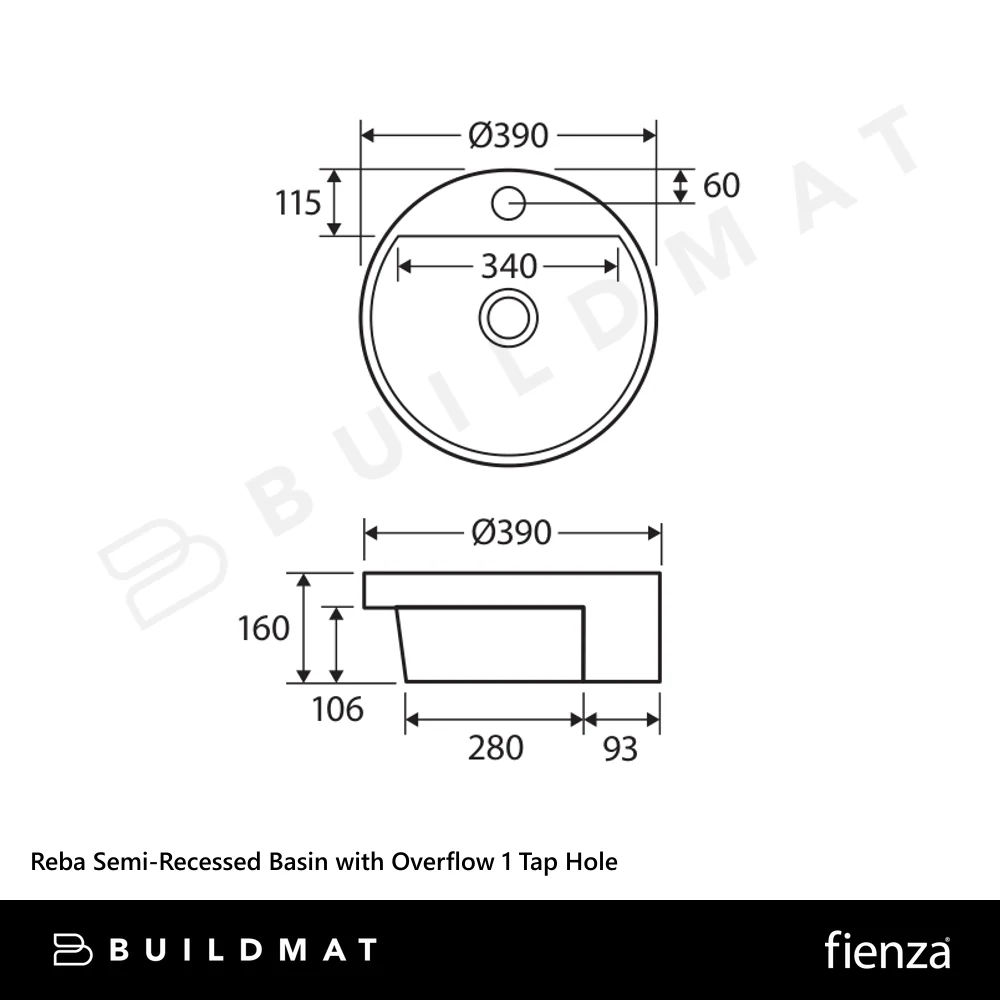 Fienza Reba Semi-Recessed Basin with Overflow 1 Tap Hole Gloss White - Image 4