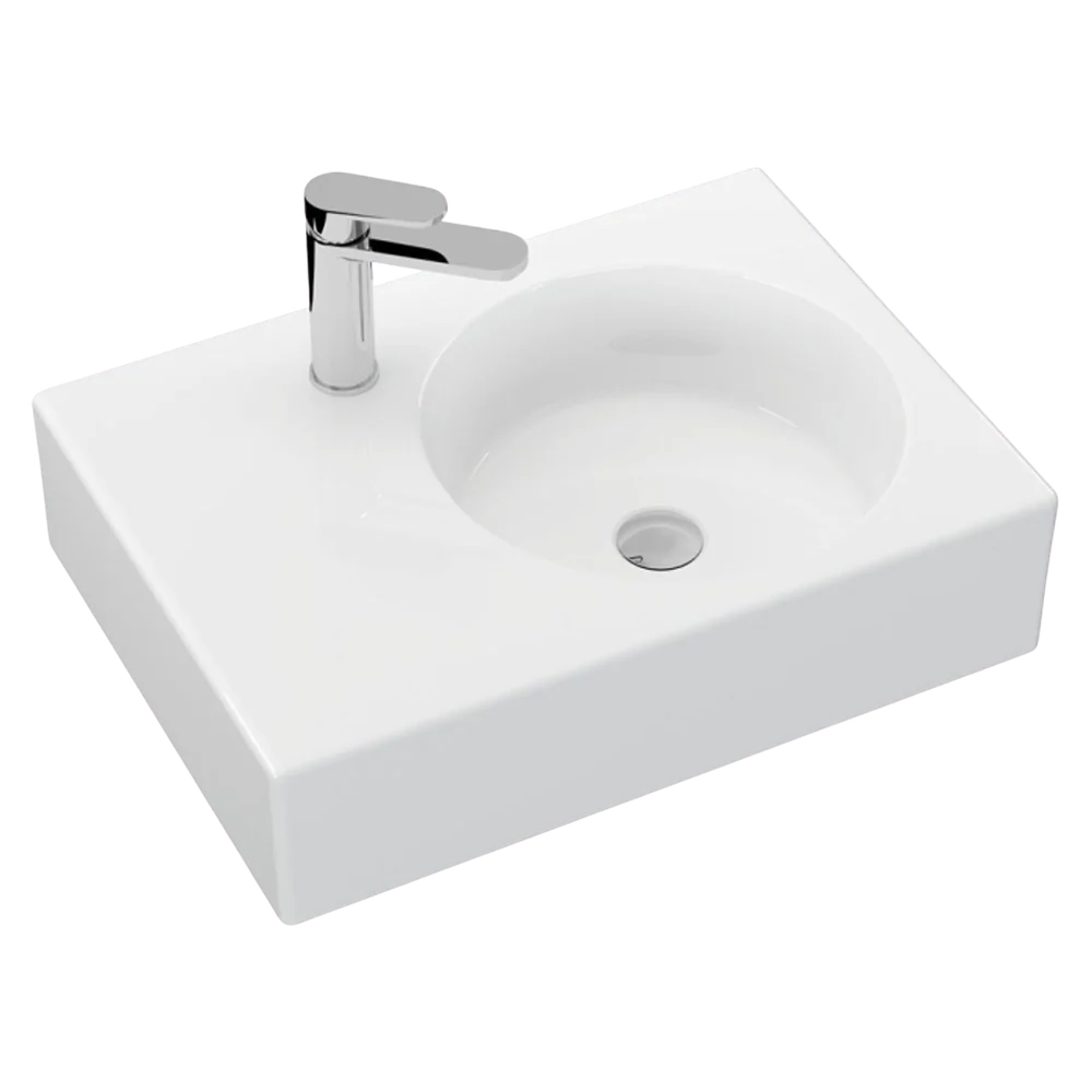 Fienza Reba Wall Hung Right Bowl Basin with Overflow 1 Tap Hole Gloss White