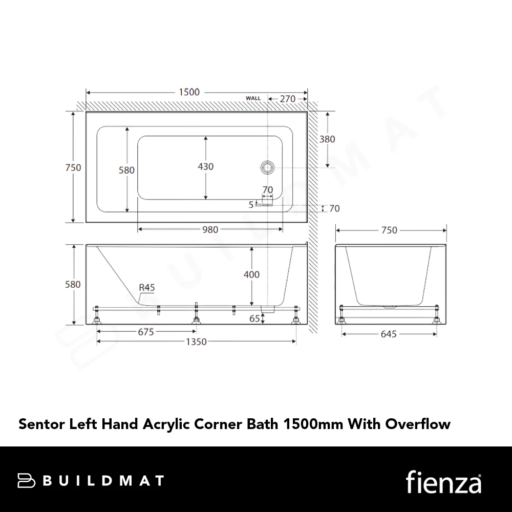 Fienza Sentor Left Hand Acrylic Corner Bath 1500mm with Overflow White - Image 4