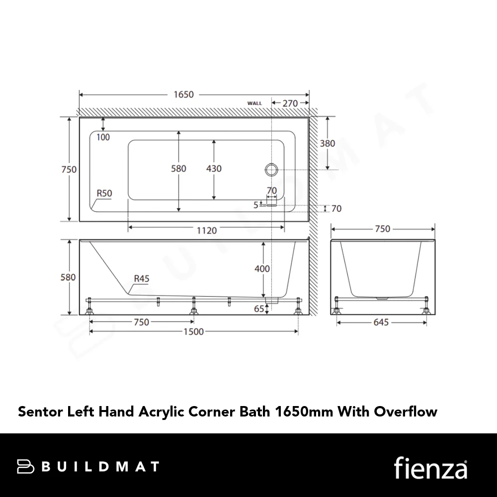Fienza Sentor Left Hand Acrylic Corner Bath 1650mm with Overflow White - Image 4