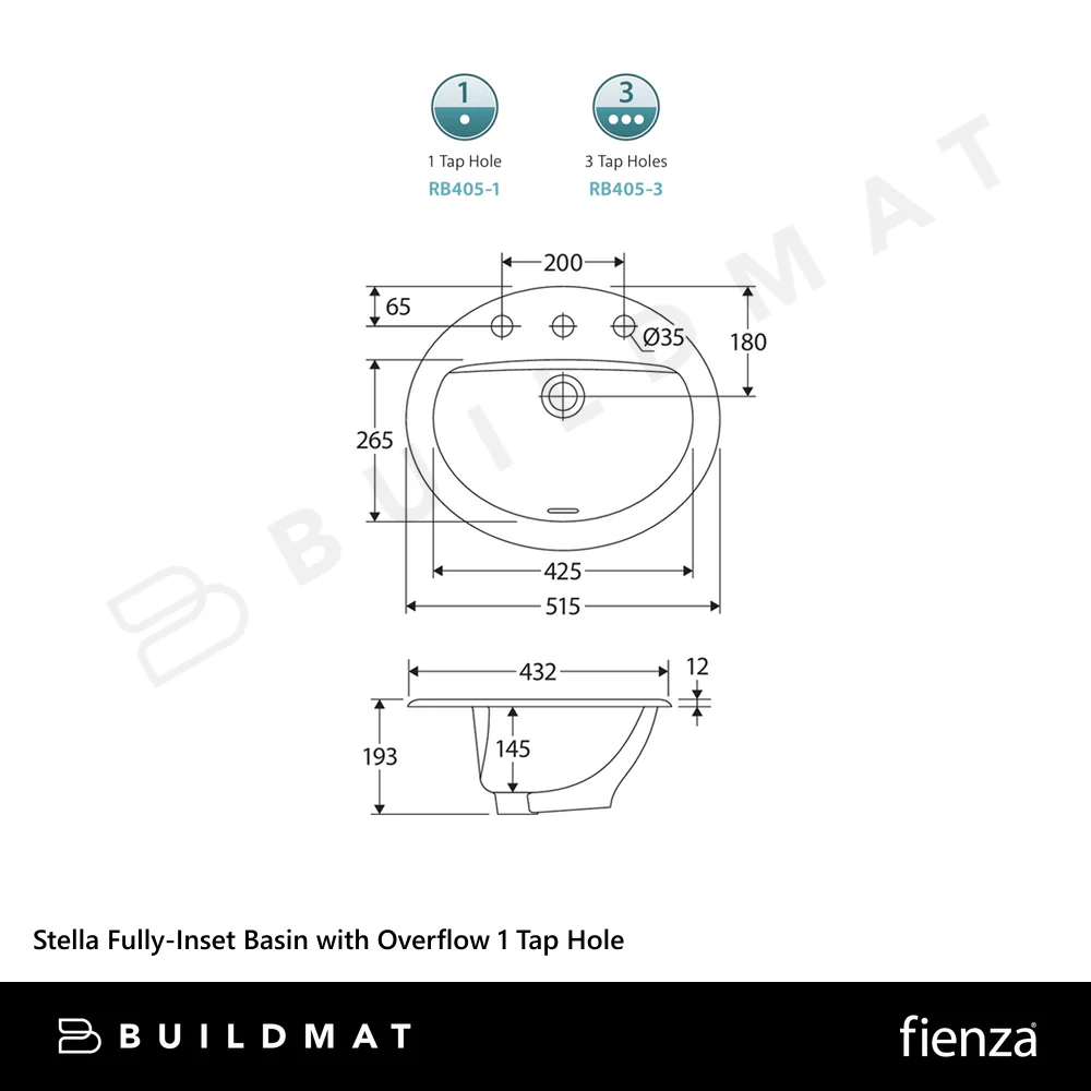 Fienza Stella Fully-Inset Basin with Overflow 1 Tap Hole Gloss White - Image 4