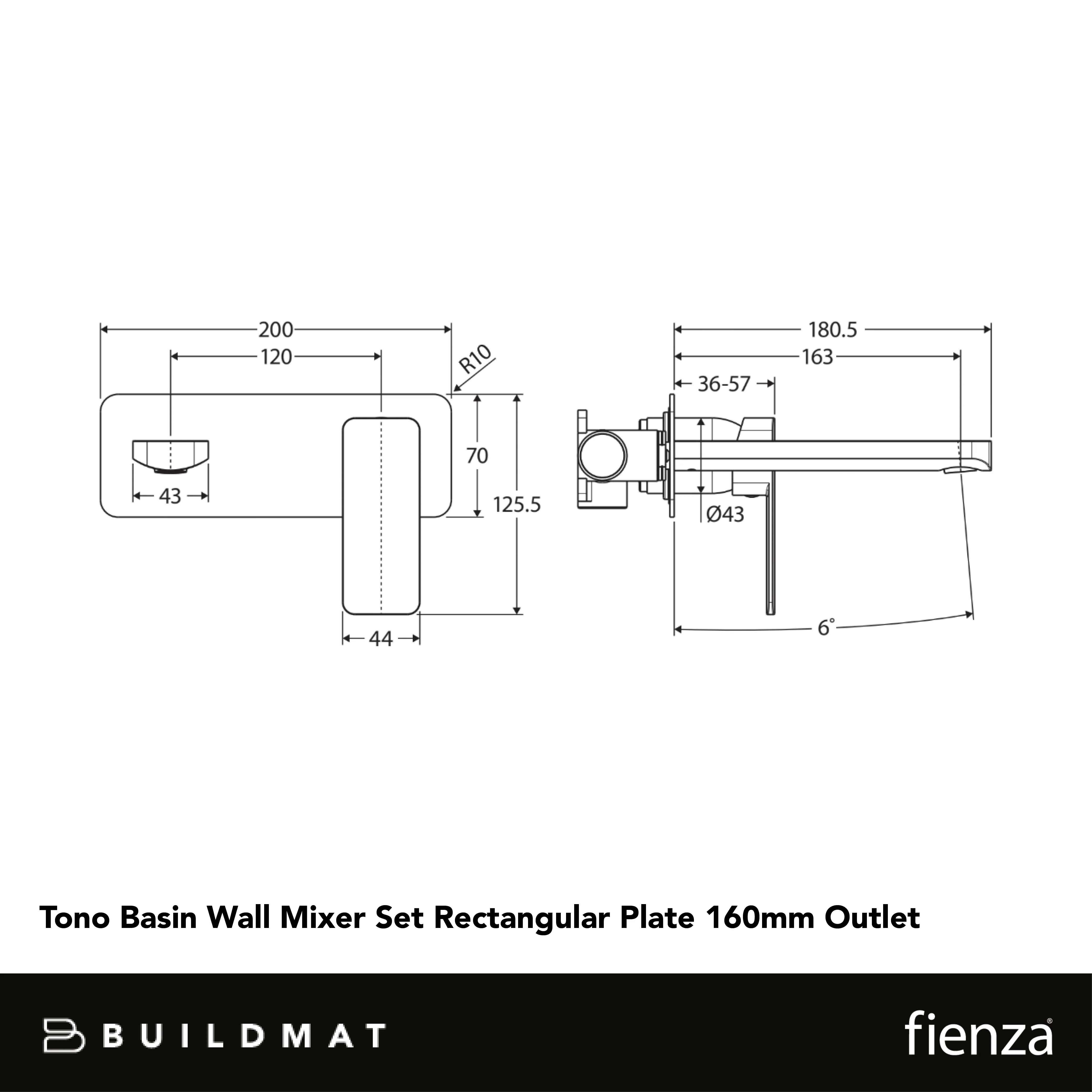 Fienza Tono Basin Wall Mixer Set Rectangular Plate 160mm Outlet Matte Black Lead Free - Image 4