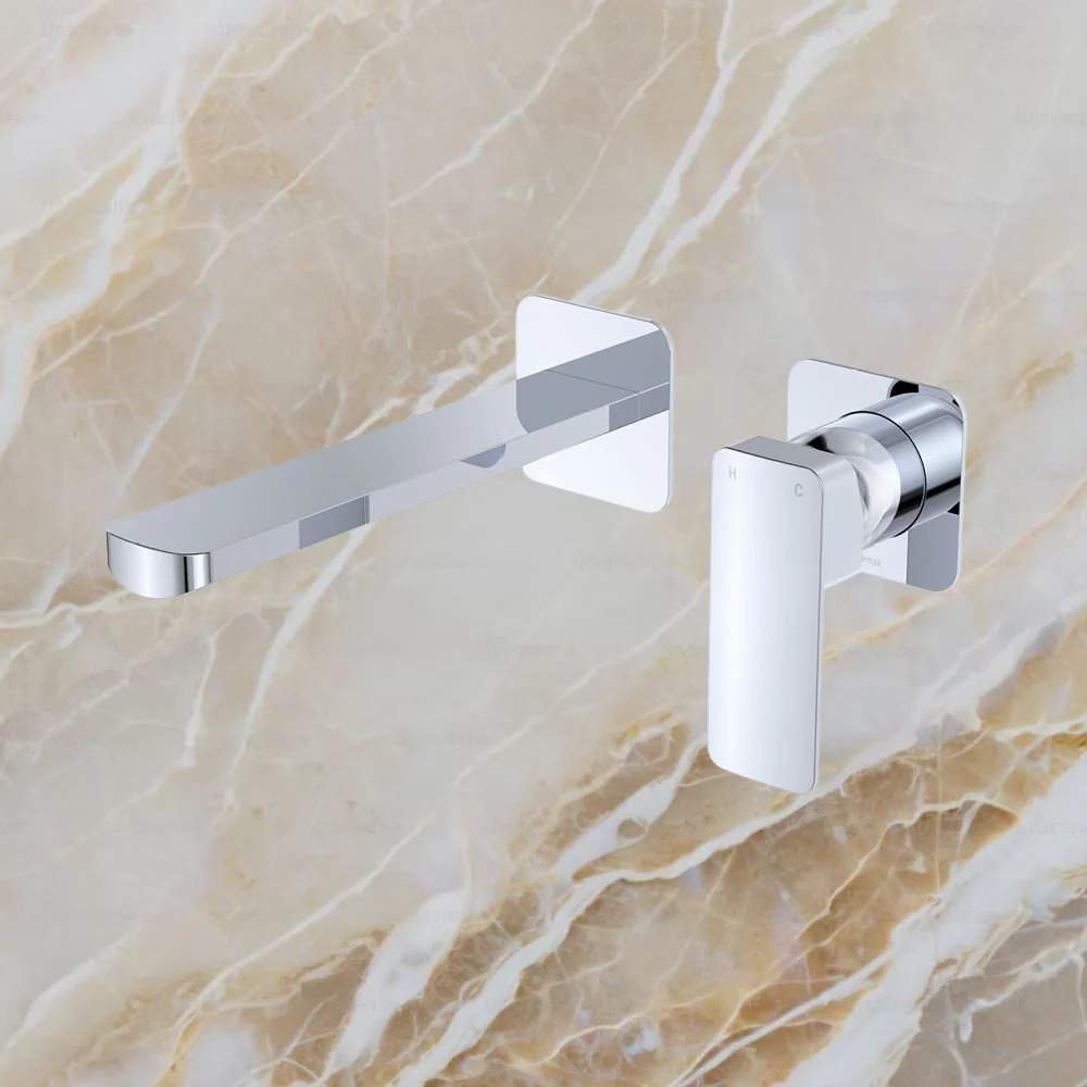 Fienza Tono Basin Wall Mixer Set Square Plates 200mm Outlet Chrome Lead Free - Image 2