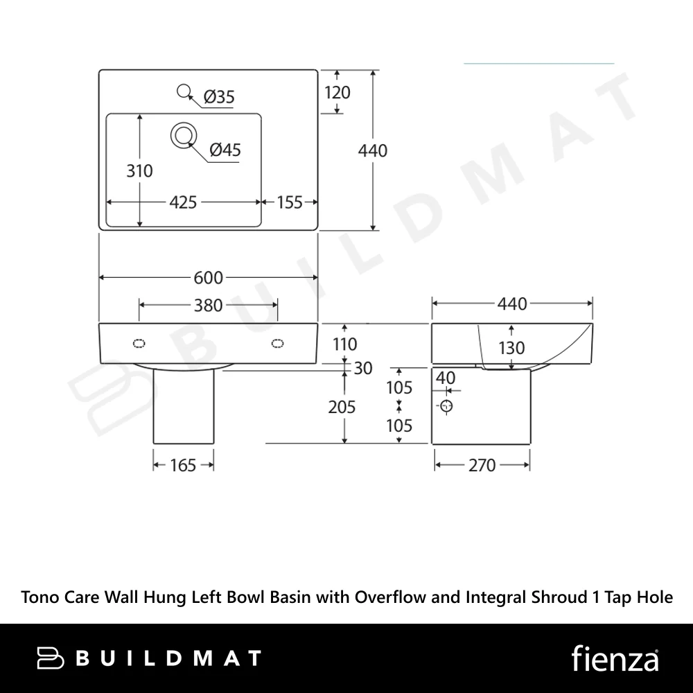 Fienza Tono Care Wall Hung Left Bowl Basin with Overflow and Integral Shroud 1 Tap Hole Gloss White - Image 4