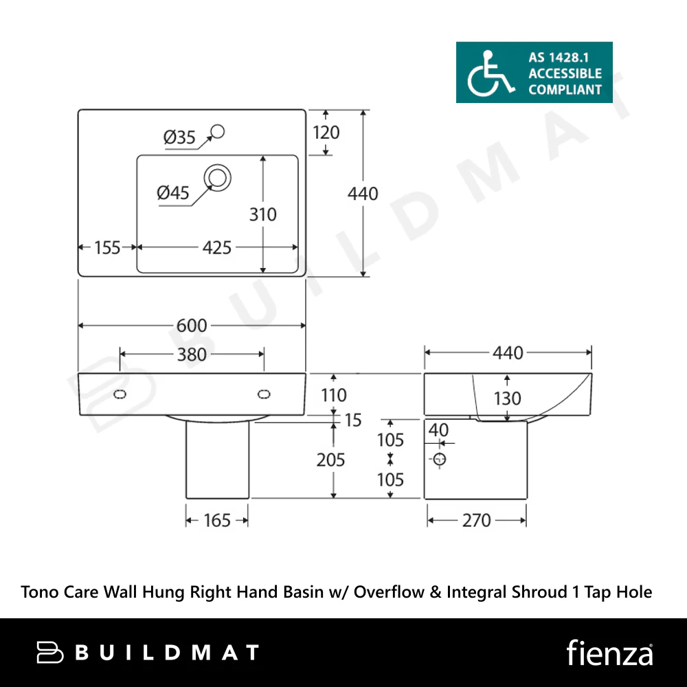 Fienza Tono Care Wall Hung Right Hand Basin with Overflow and Integral Shroud 1 Tap Hole Gloss White - Image 4