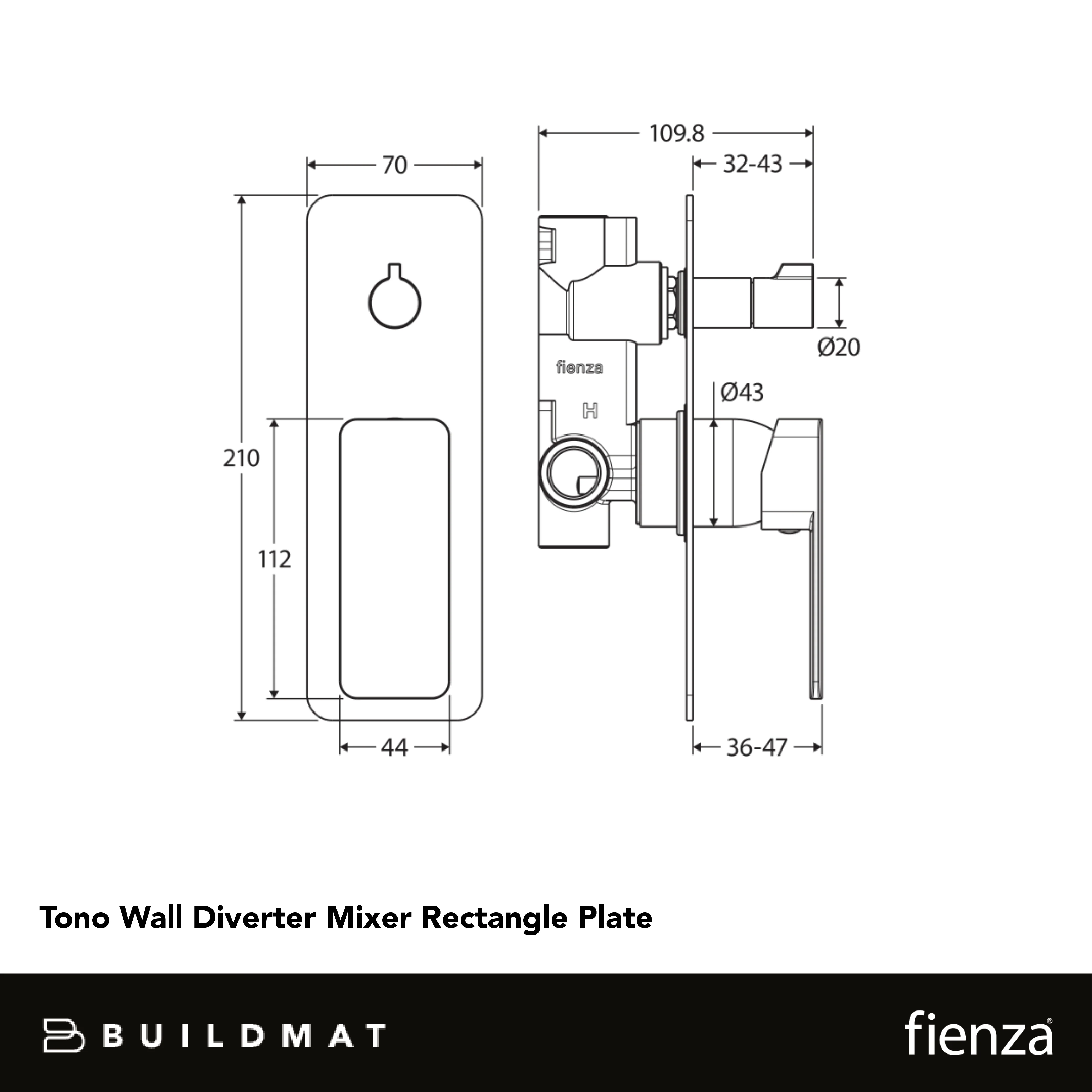Fienza Tono Wall Diverter Mixer Rectangular Plate Brushed Nickel Lead Free - Image 4