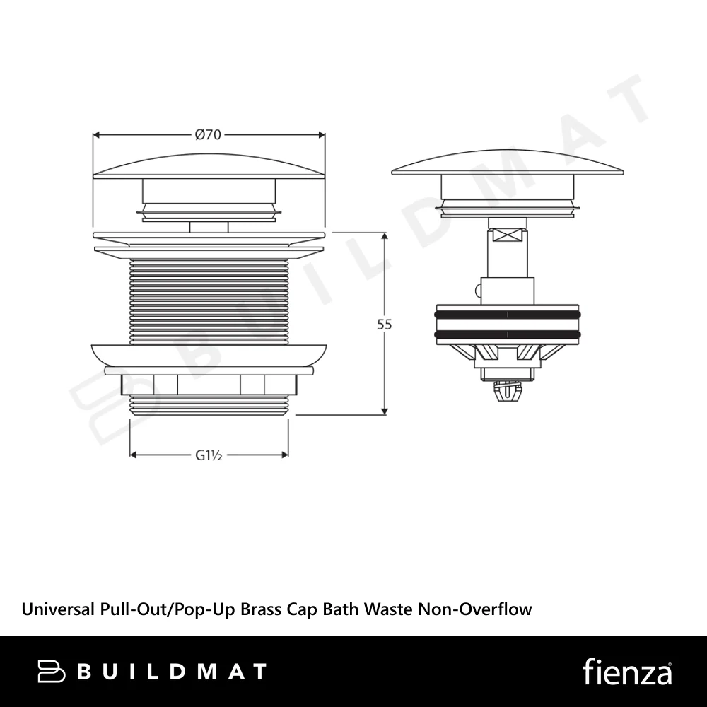Fienza Universal Pull-Out/Pop-Up Brass Cap Bath Waste Non-Overflow Chrome - Image 4