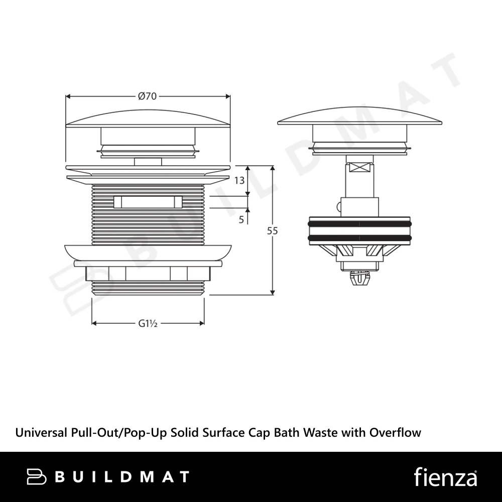Fienza Universal Pull-Out/Pop-Up Solid Surface Cap Bath Waste with Overflow Matte White - Image 4