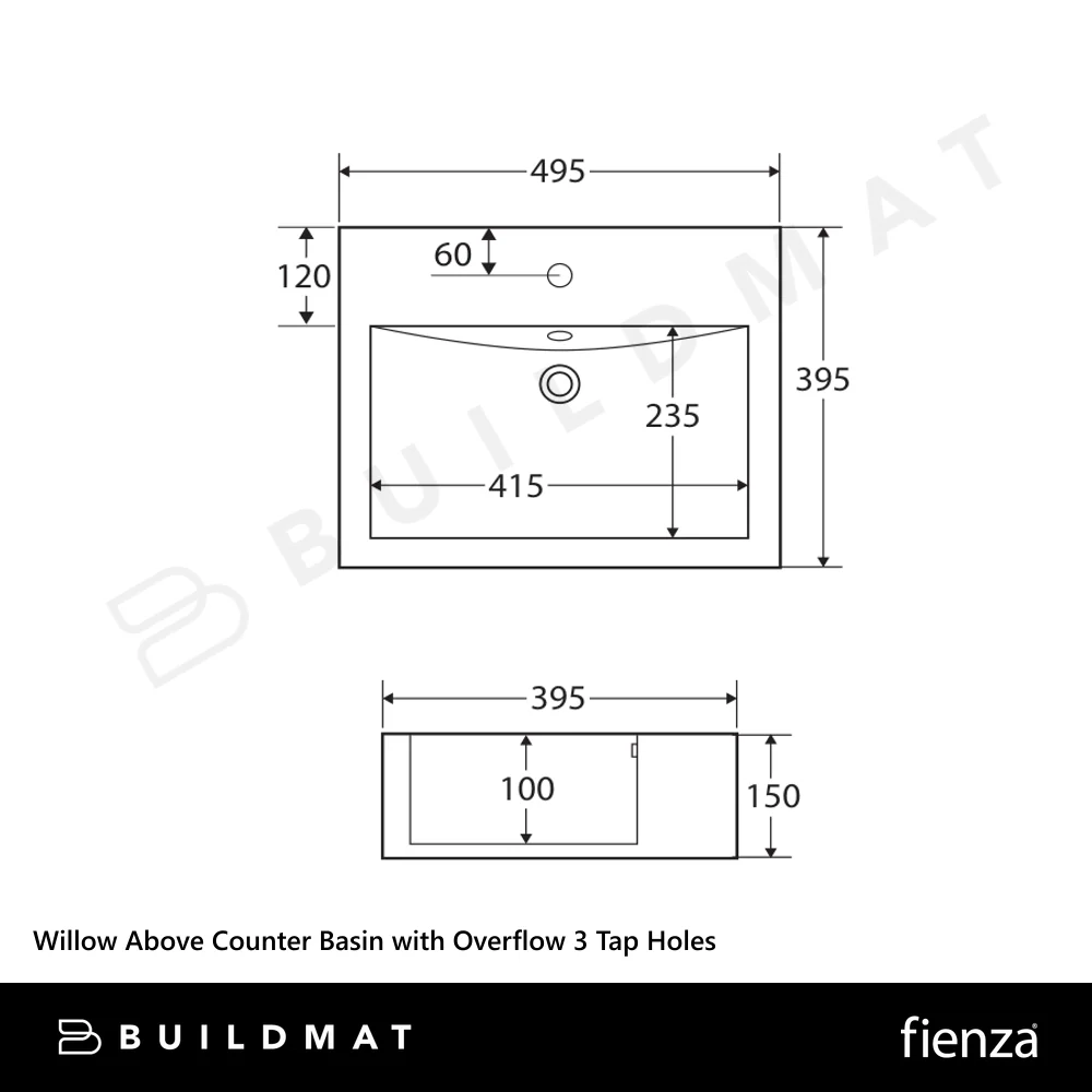 Fienza Willow Above Counter Basin with Overflow 3 Tap Holes Gloss White - Image 4