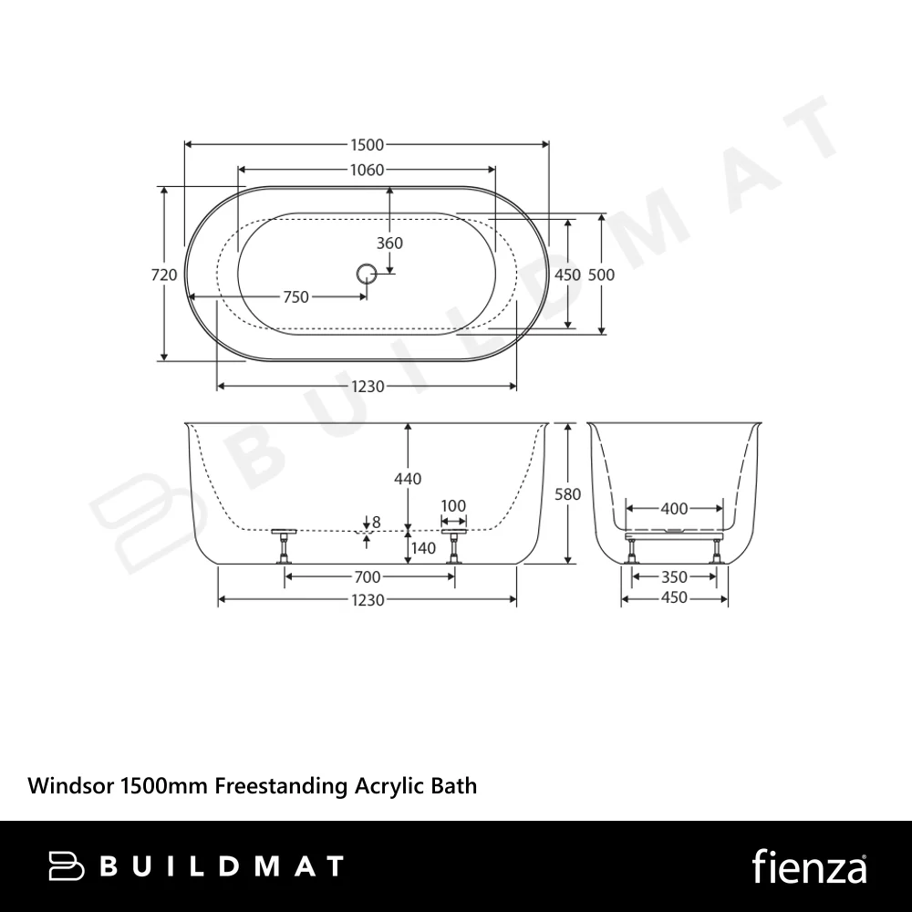 Fienza Windsor 1500mm Freestanding Acrylic Bath Matte Black with Matte White Interior - Image 4