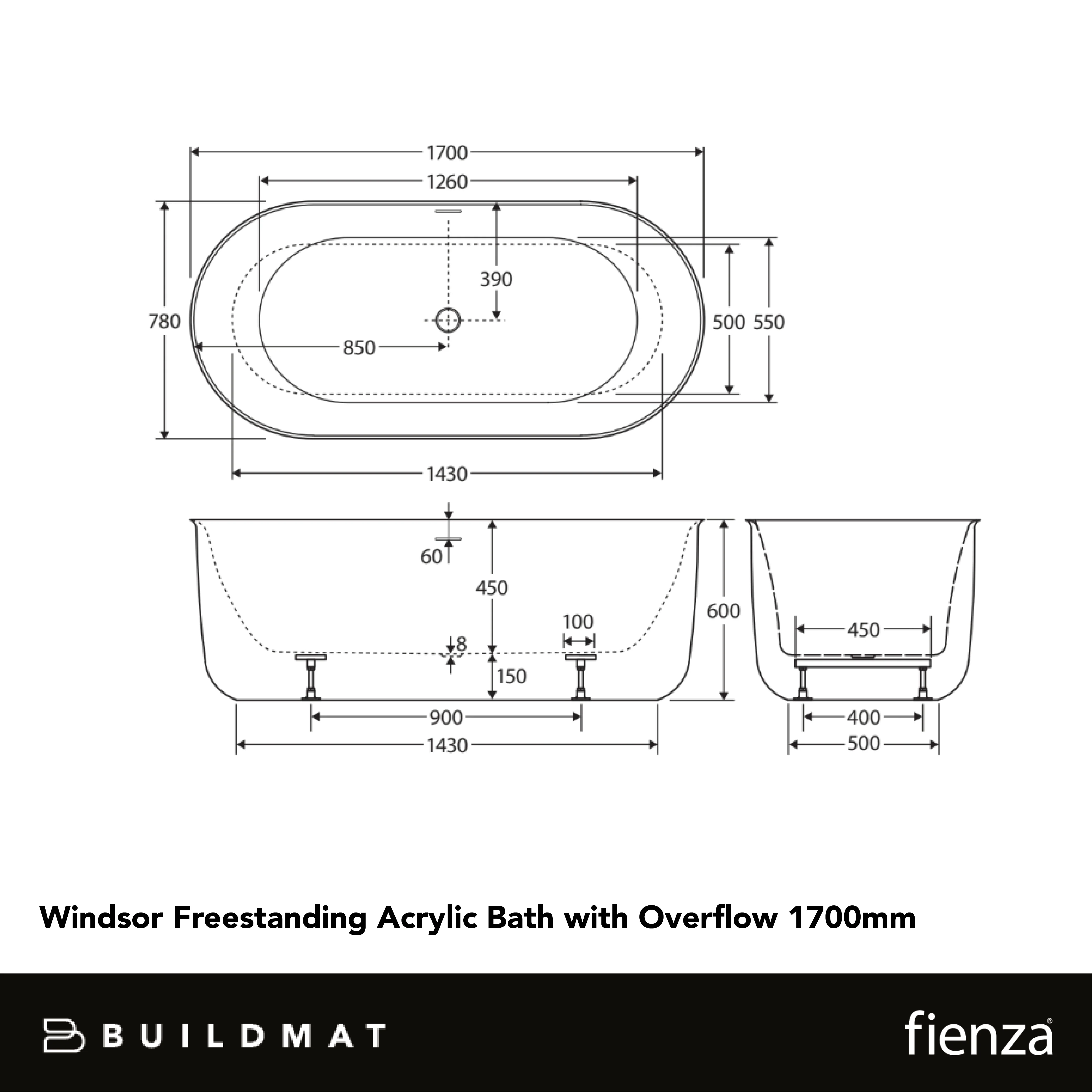 Fienza Windsor Freestanding Acrylic Bath with Overflow 1700mm Matte Black - Image 4