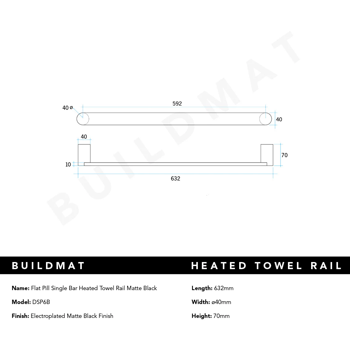Thermogroup Flat Pill Single Bar Heated Towel Rail Matte Black - Image 5