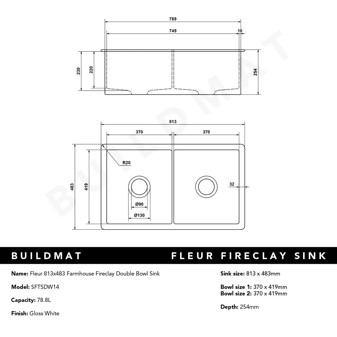 Alma Fleur 813x483 Gloss White Fireclay Double Bowl Sink - Image 8