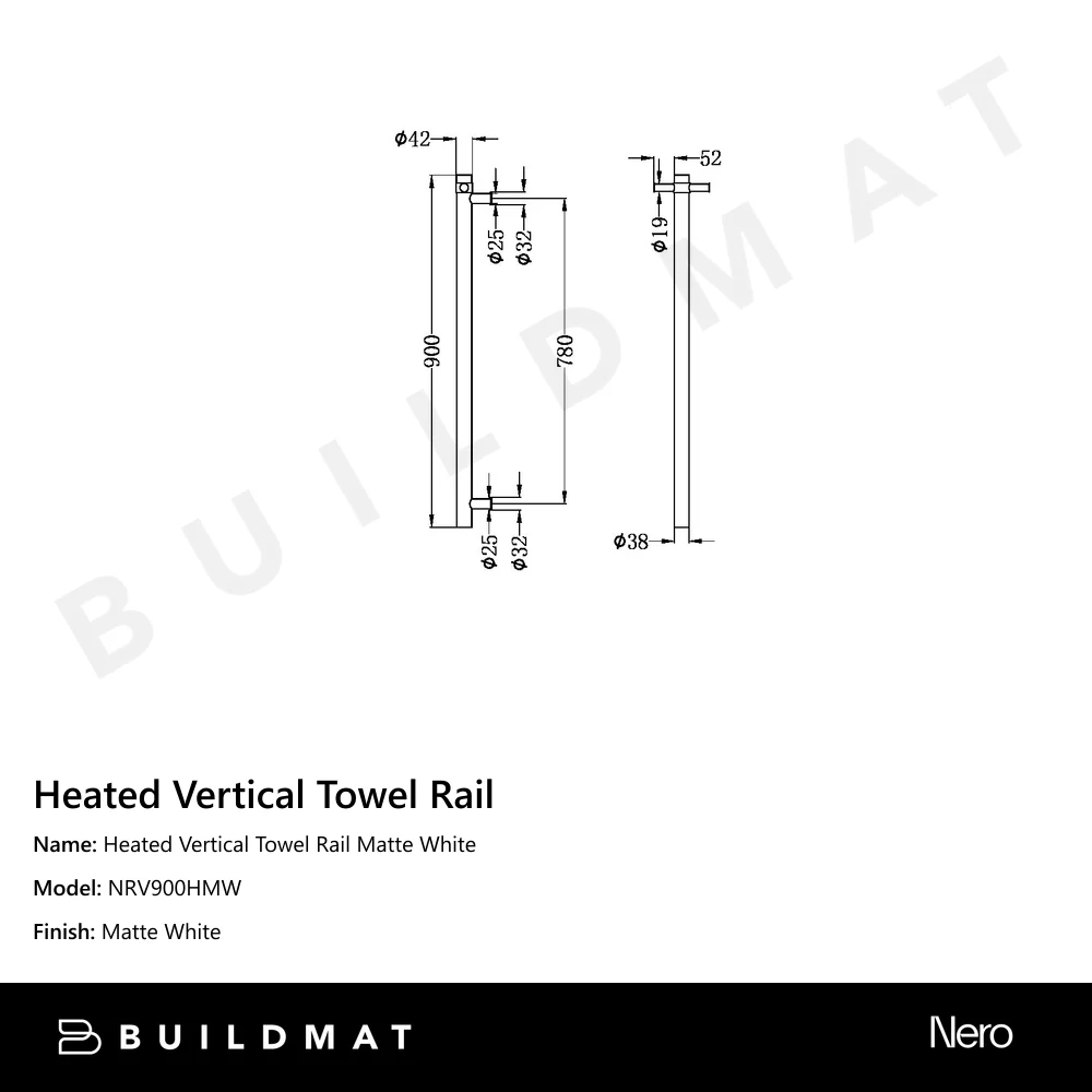 Nero Heated Vertical Towel Rail Matte White - Image 4