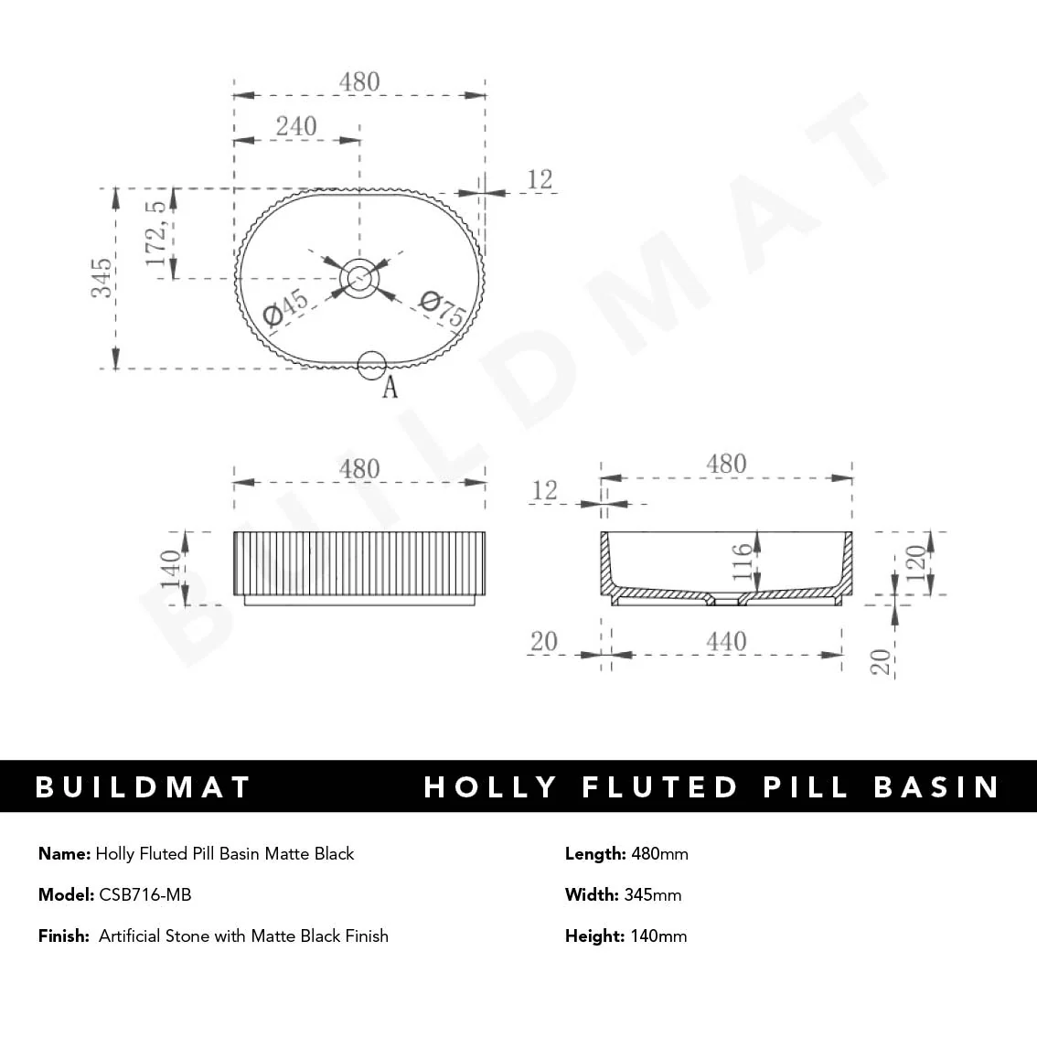 Keva Holly Matte Black Fluted Pill Basin - Image 5