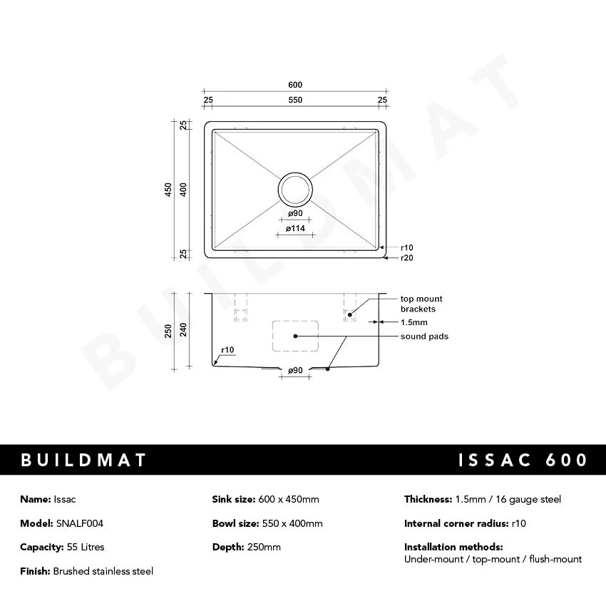 Alma Issac 600x450 Alfresco 316 Stainless Steel Sink - Image 5