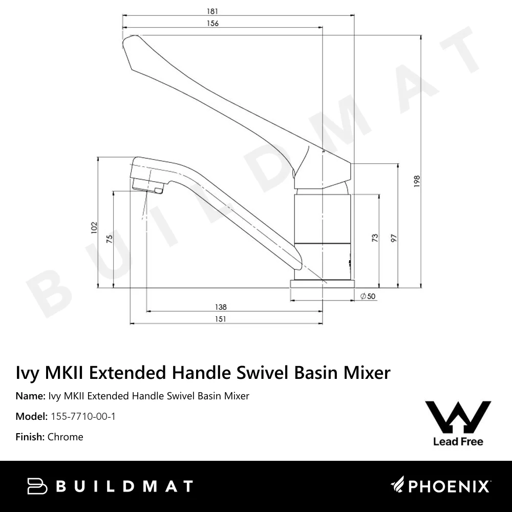 Phoenix Ivy MKII Extended Handle Swivel Basin Mixer Lead Free 6 Star Chrome - Image 4