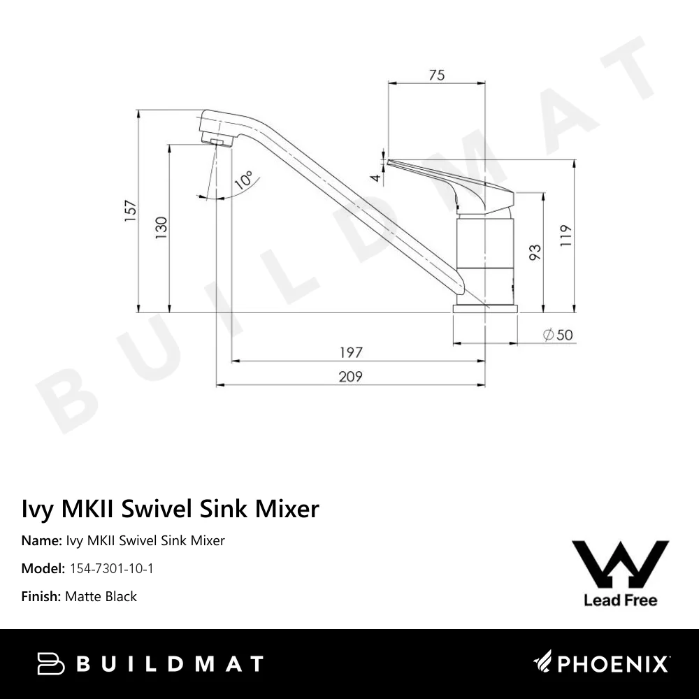 Phoenix Ivy MKII Swivel Sink Mixer Lead Free 6 Star Matte Black - Image 4