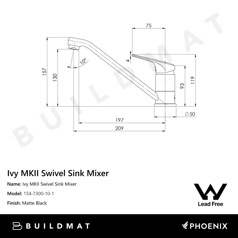 Phoenix Ivy MKII Swivel Sink Mixer Lead Free Matte Black - Image 4